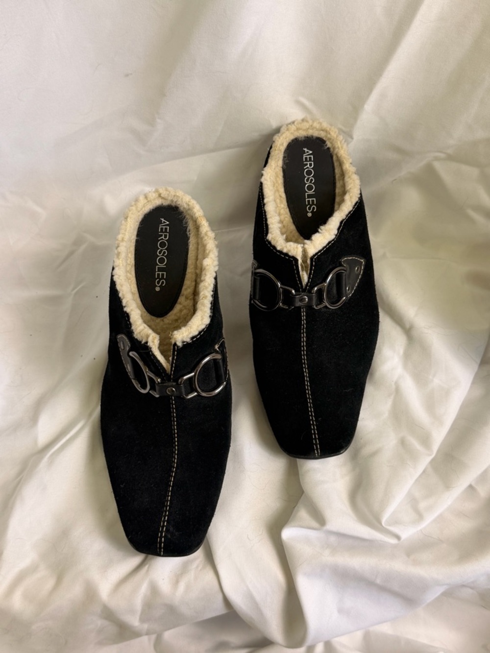AEROSOLES Black Suede Shearling-Trim Horsebit Mules Clogs - Picture 2 of 8